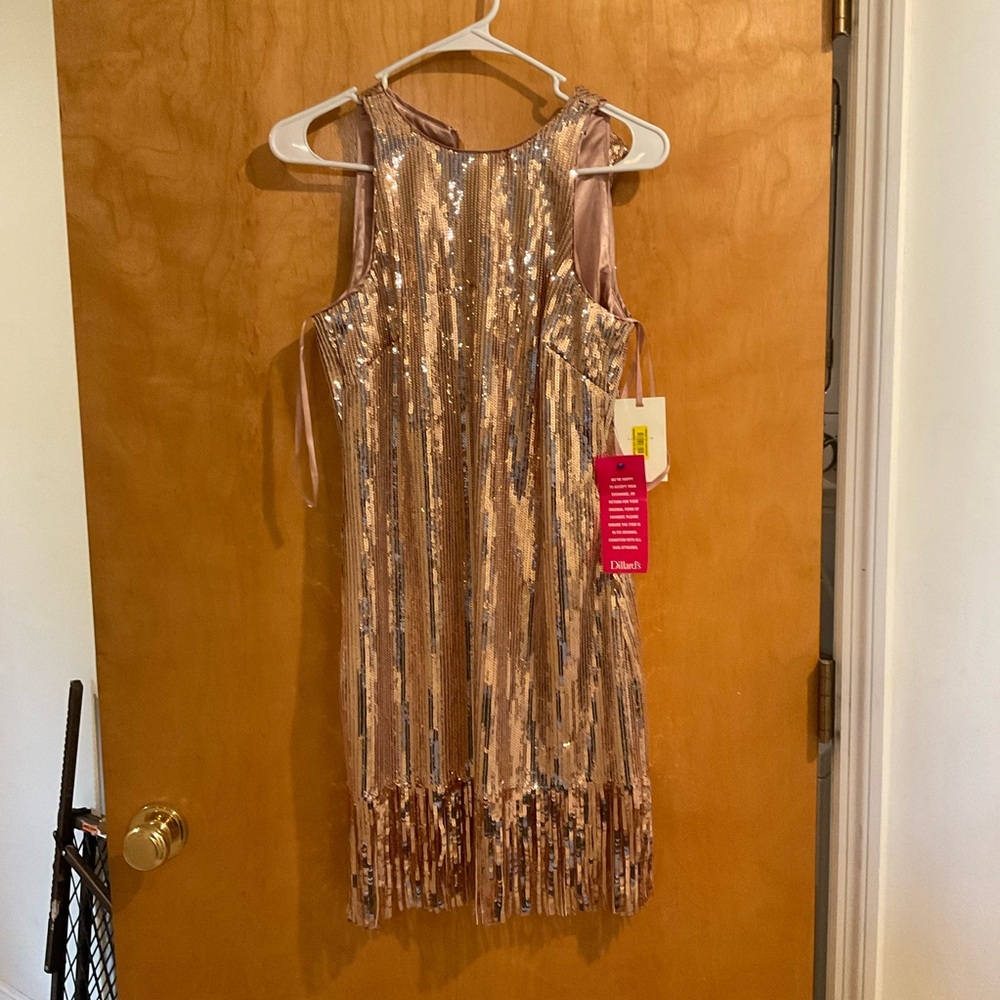 NWT Alex Marie Gold/pink Sequin Halter Sheath Cocktail Dress